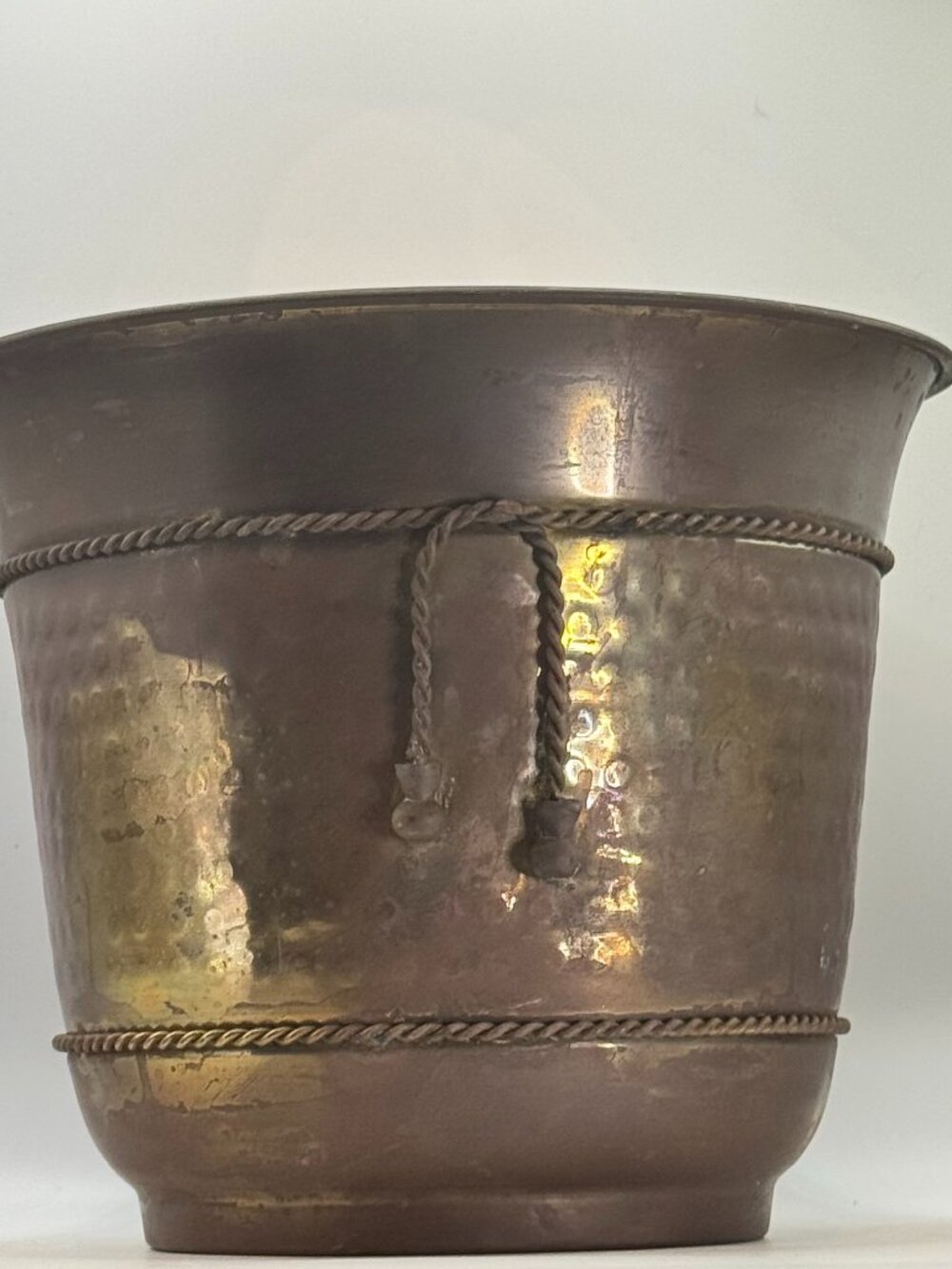 Vintage Hammered Brass Planter with Braided Rope Trim